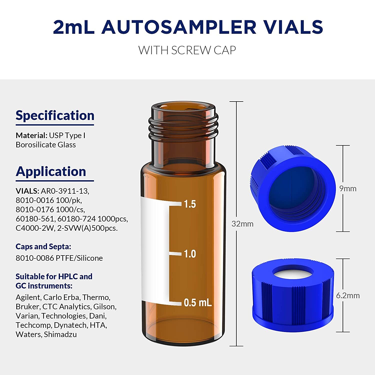 2mL Amber/Clear Autosampler Vials 9-425 Pre-slit Screw Caps Blue PTFE LAB
