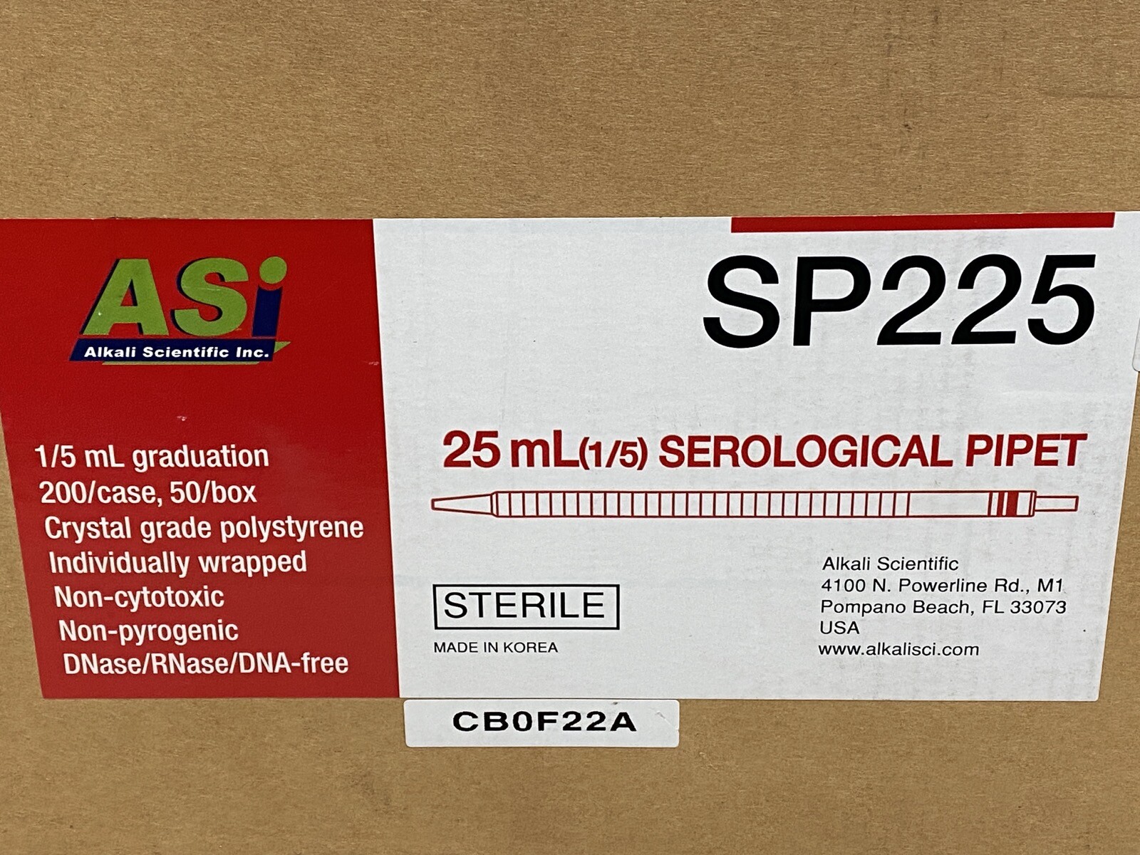 (200/Cs) ALKALI SCIENTIFIC 25mL in 1/5 PS Graduated Serological Pipettes SP225