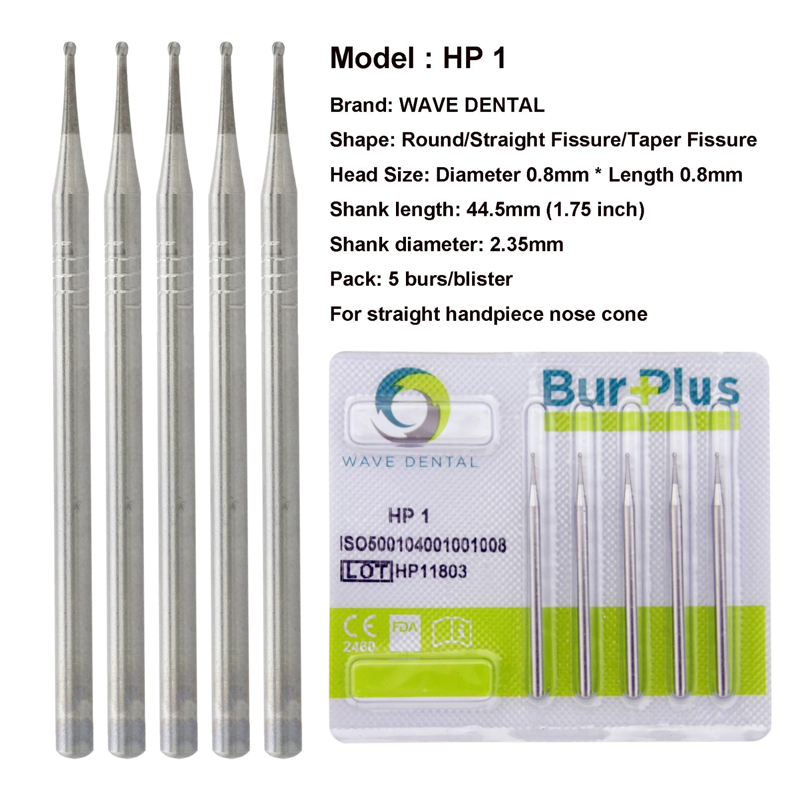 Wave Dental Round Tungsten Carbide Burs HP 44.5mm Shank for Straight Handpiece