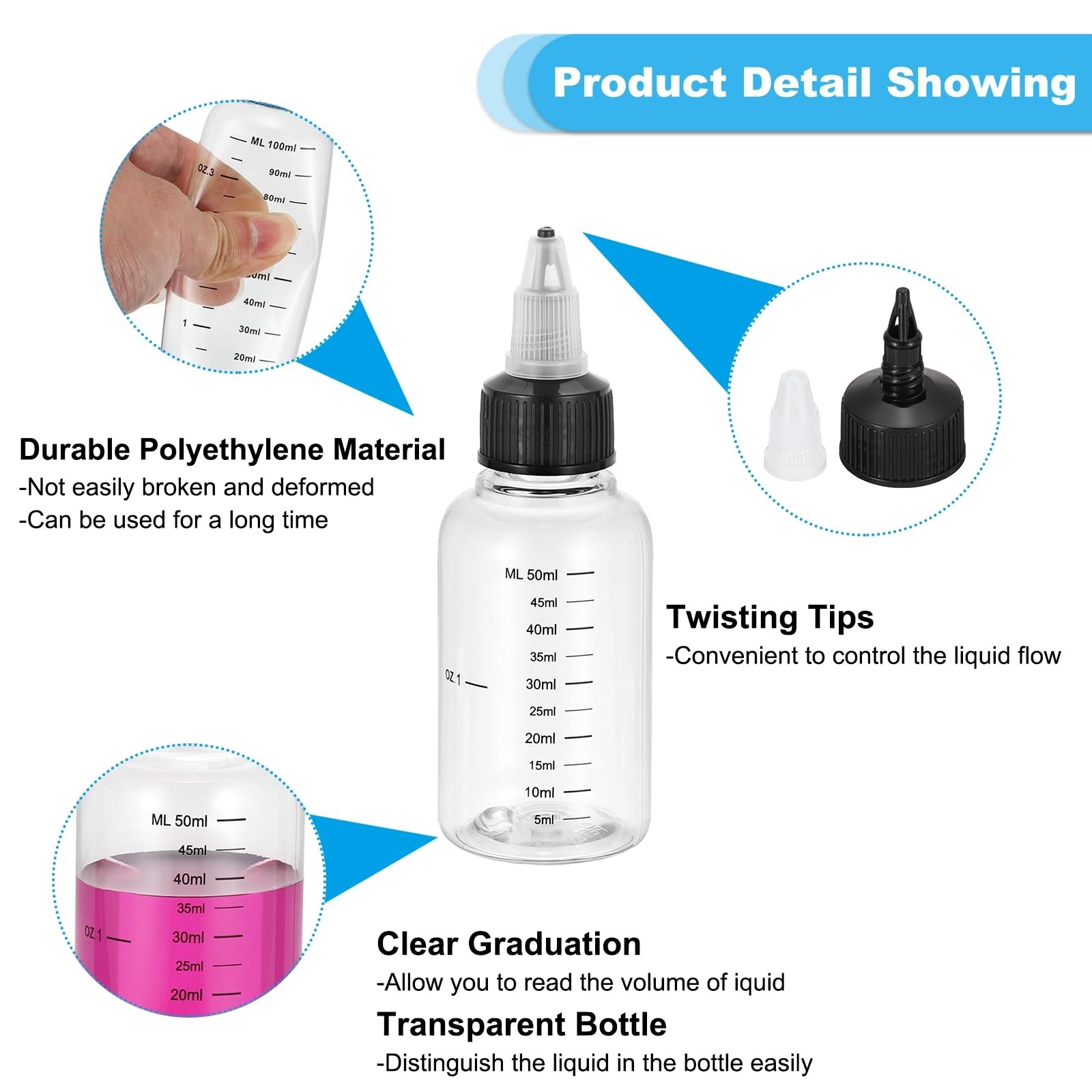 PATIKIL 2oz(60ml) Plastic Dispensing Bottle, 5Pcs 2 fl oz, Clear Black