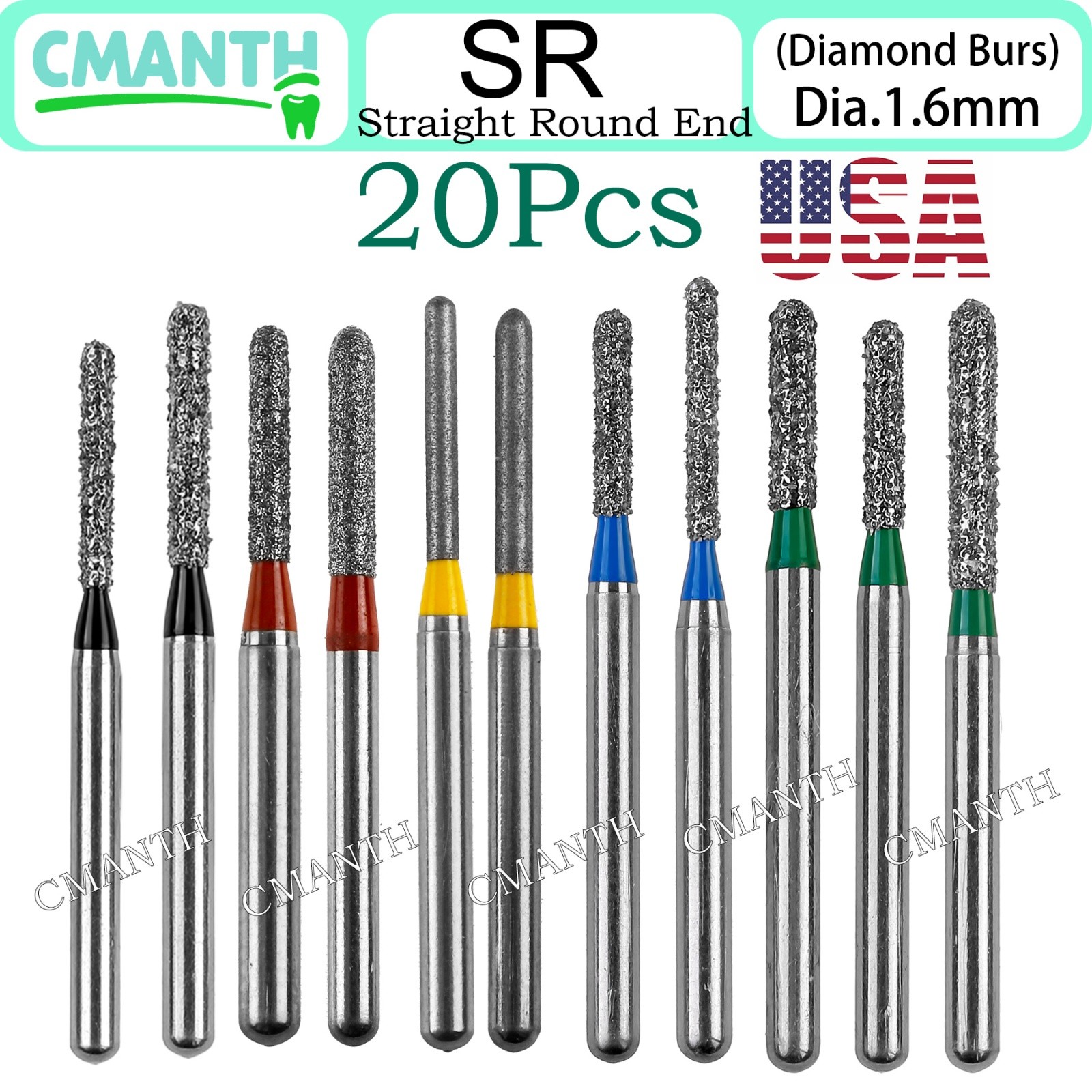 US Dental Burs FG High Speed Diamond Burs Dental Lab Polishing Tools 1.6mm 20pcs