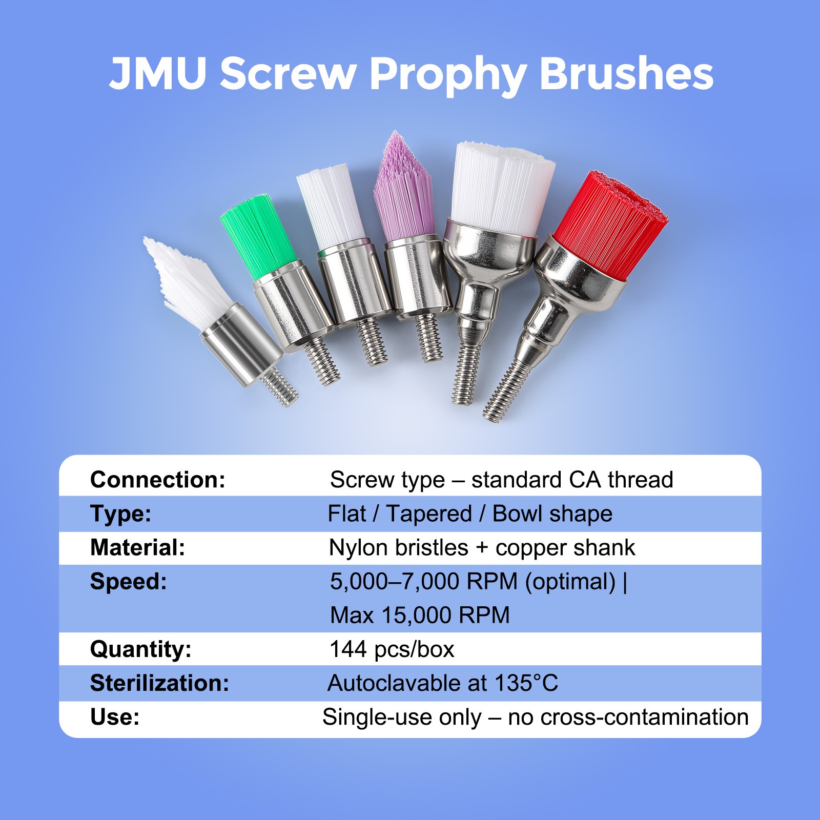 144 Dental White & Colorful Prophy Polishing Brush Nylon Flat Latch/Tapered Type