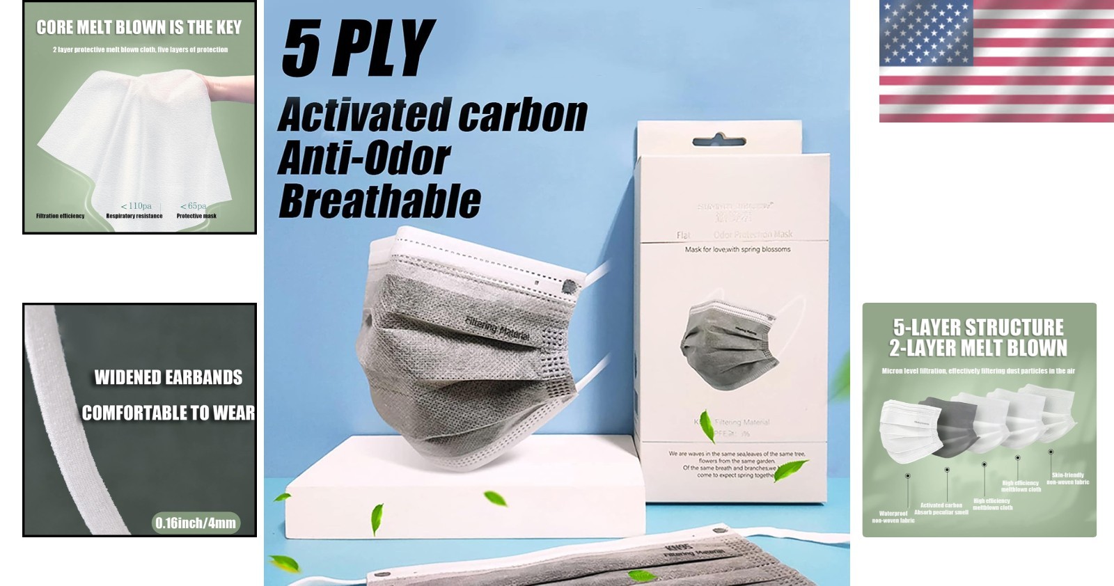 Adult Grey 5-Ply Disposable Face Masks | Breathable Filter | 100 Pcs Comfort Fit