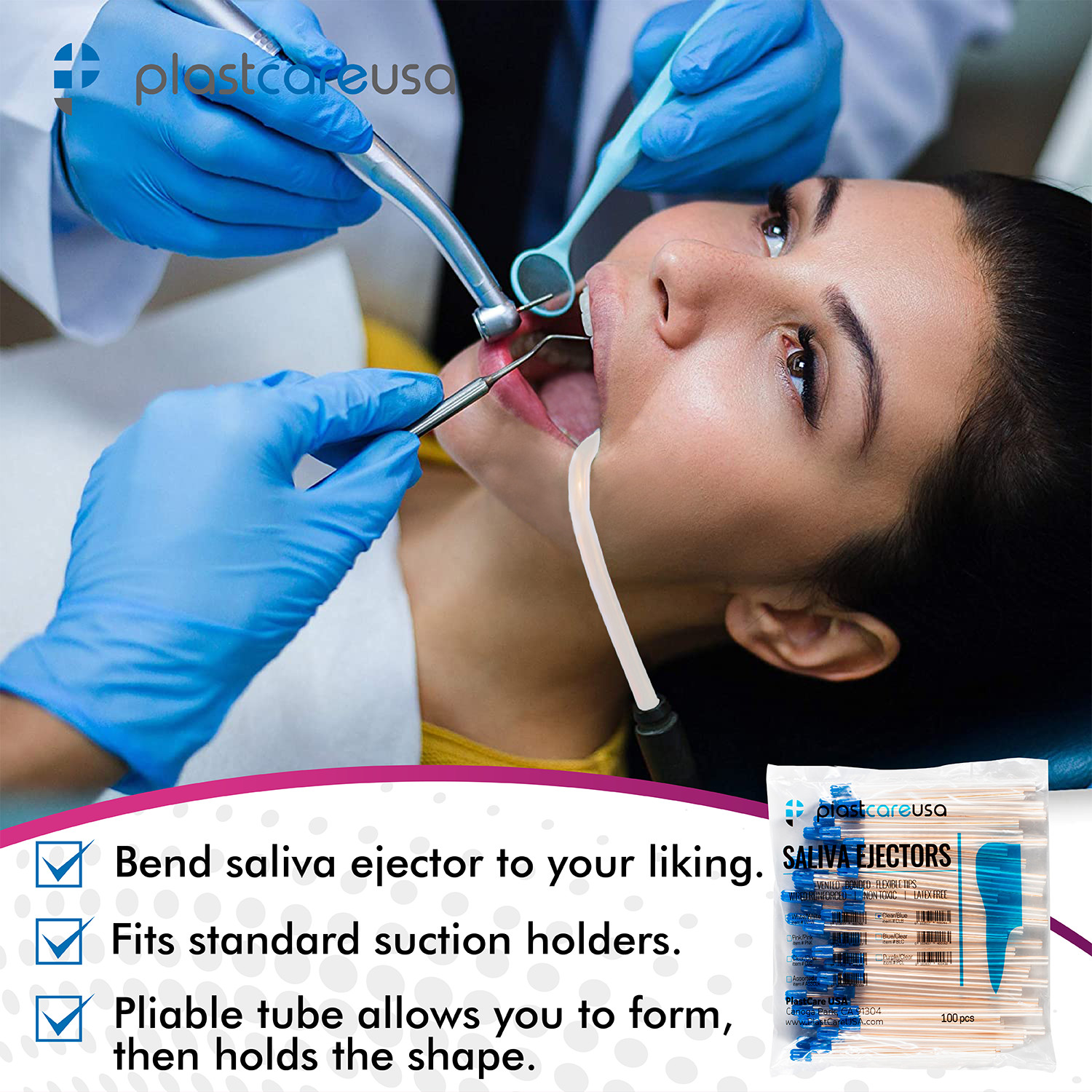100 (1 Bag) Saliva Ejectors Ejector CLEAR/BLUE Dental Suction Tips Disposable