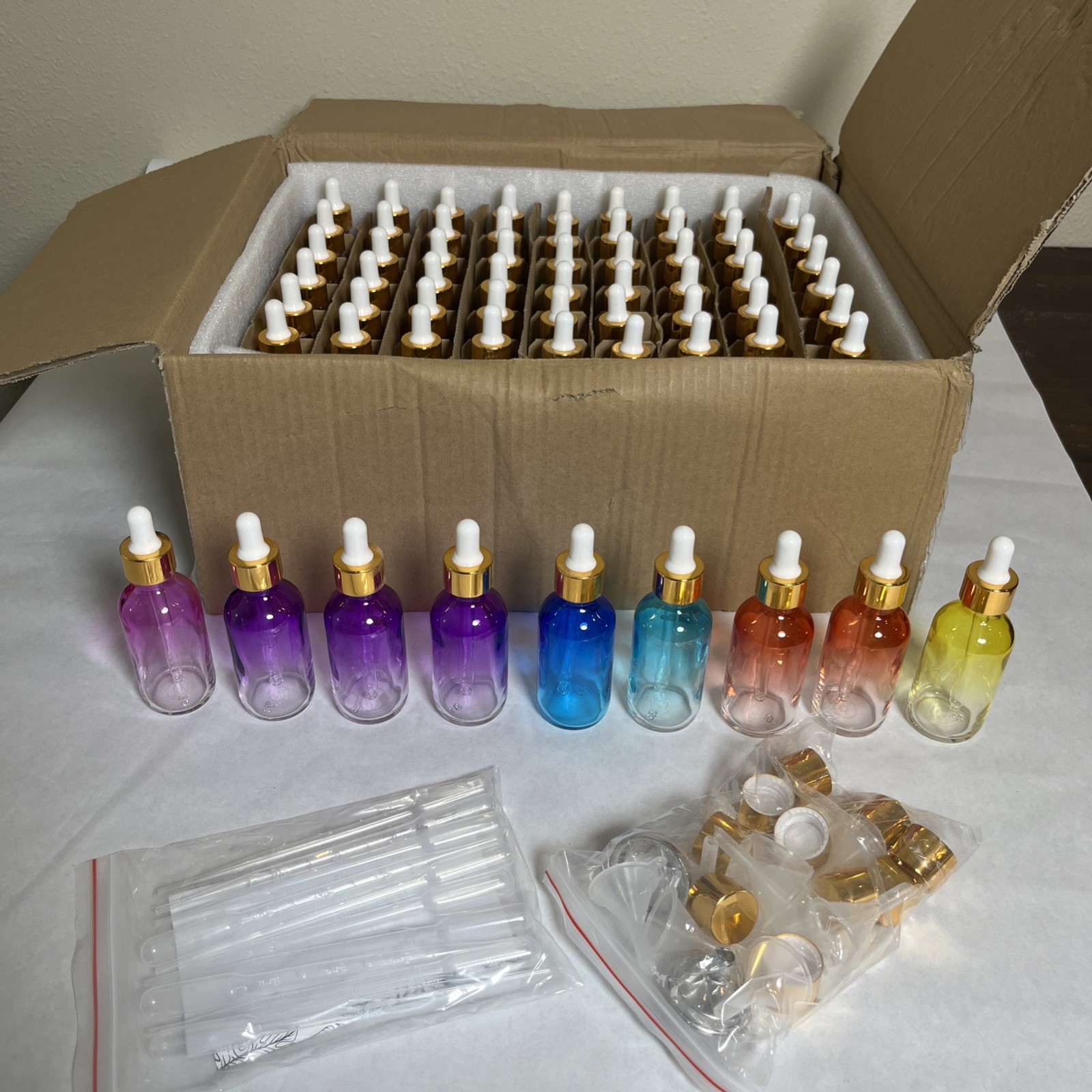 PrettyCare 63x 2oz Glass Dropper Bottles, 60ml Rainbow Empty Thick, Essential Oi