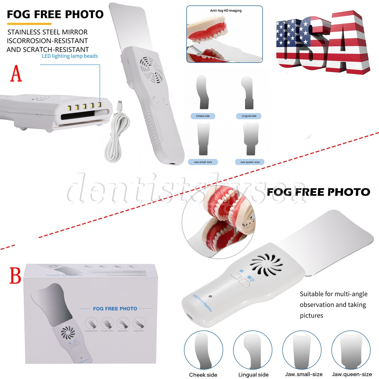 Dental Occlusal Mirror Fog Free LED Intra Oral Photo System +4 Mirrors Defog