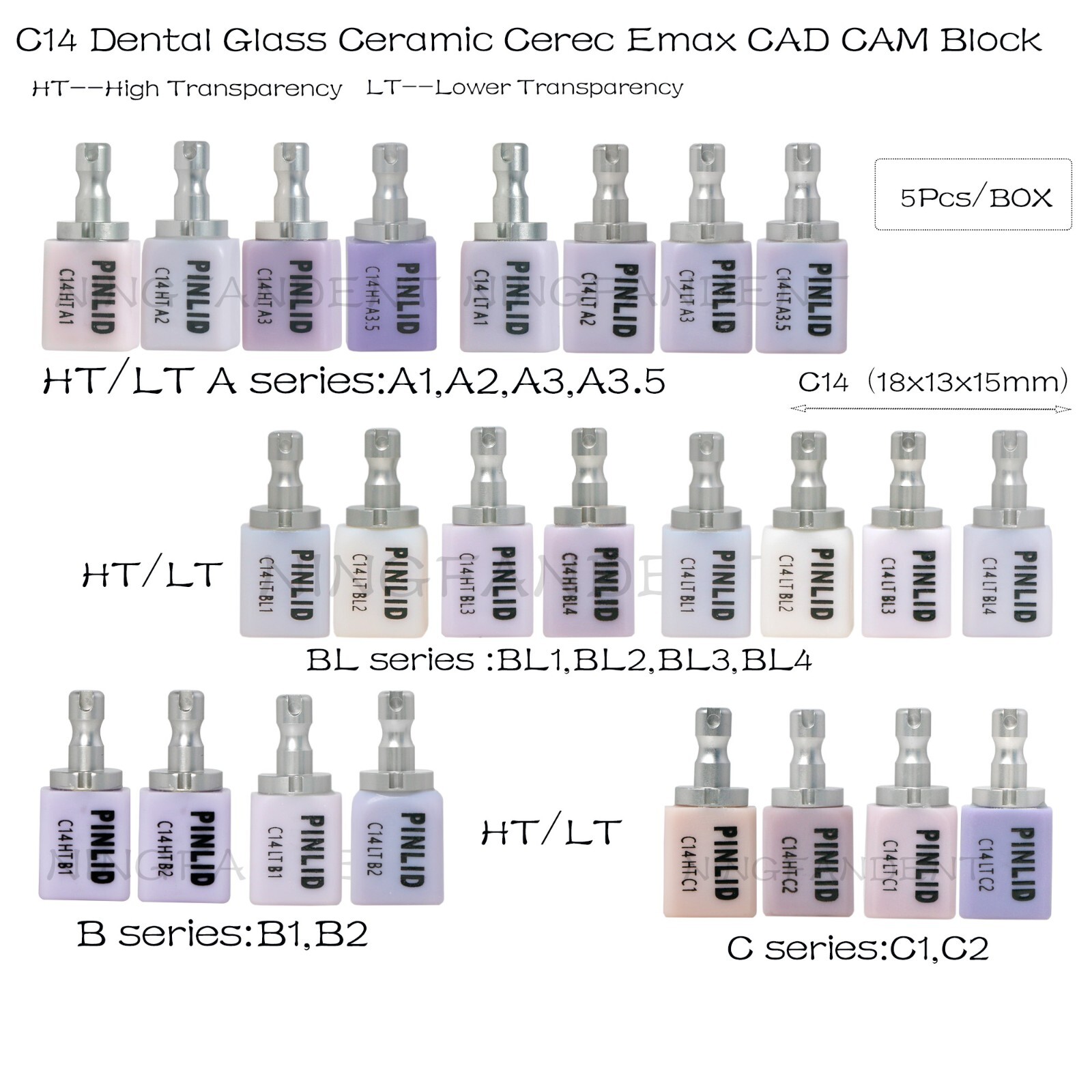 US Glass Ceramic Lithium Disilicate HT/LT C14 e.max CAD CEREC Blocks InLab 5/Pk