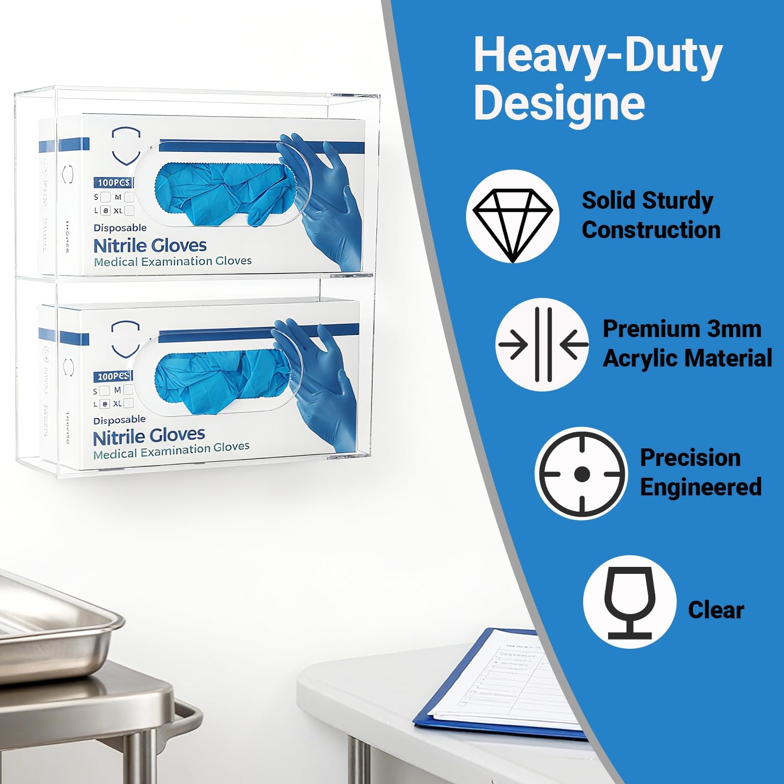 Double Glove Box Holder Wall Mount Side-Load Acrylic Dispenser Clear Medical