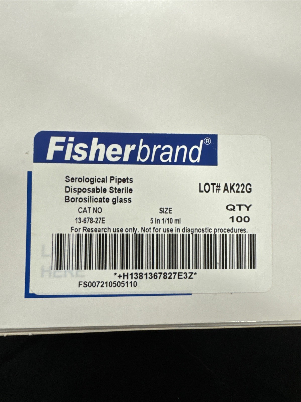 FisherBrand 5mL Borosilicate Glass Serological Pipettes Blue Sterile Qty 389