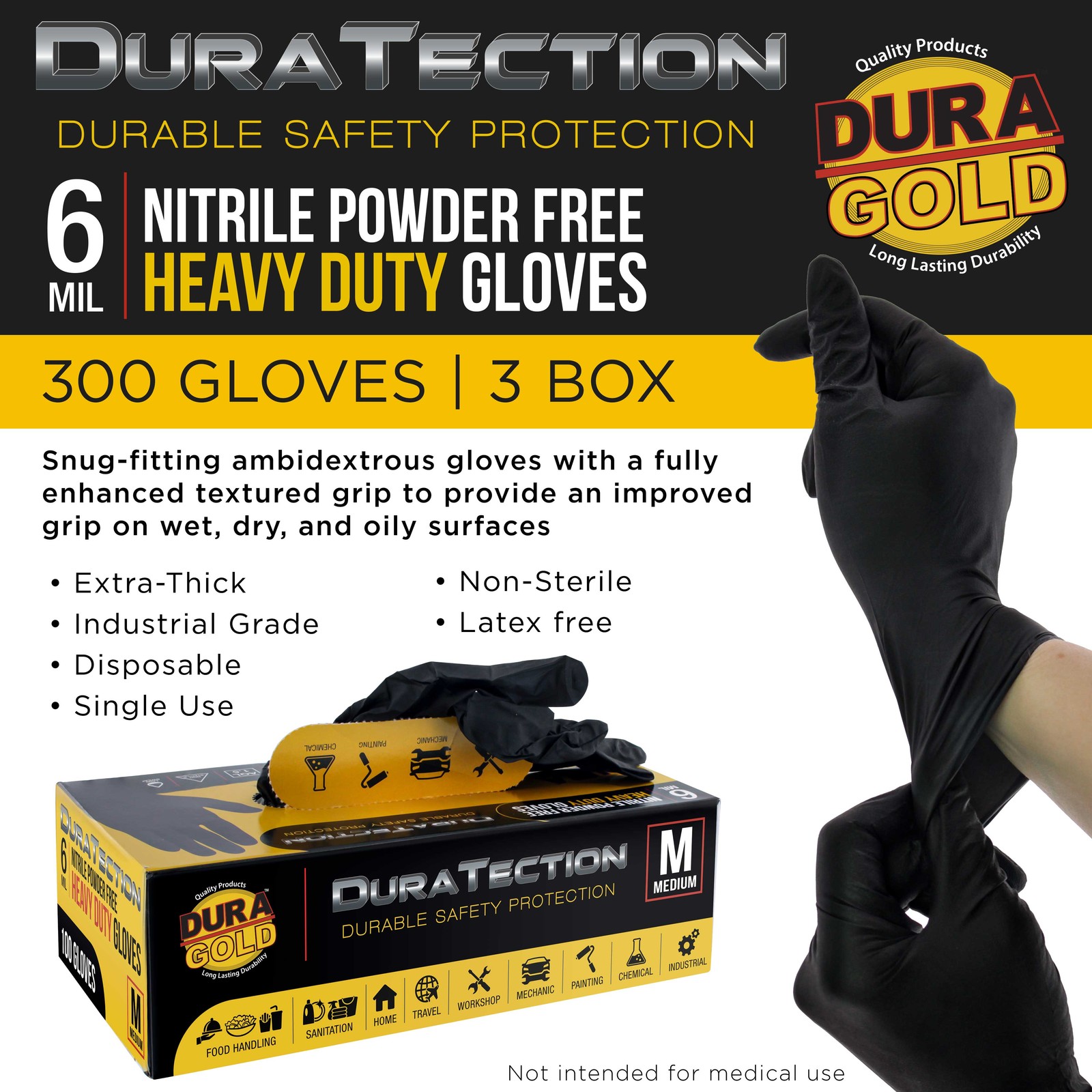Dura-Gold HD Black Nitrile Disposable Gloves, 3 Boxes of 100, Size Medium, 6 Mil