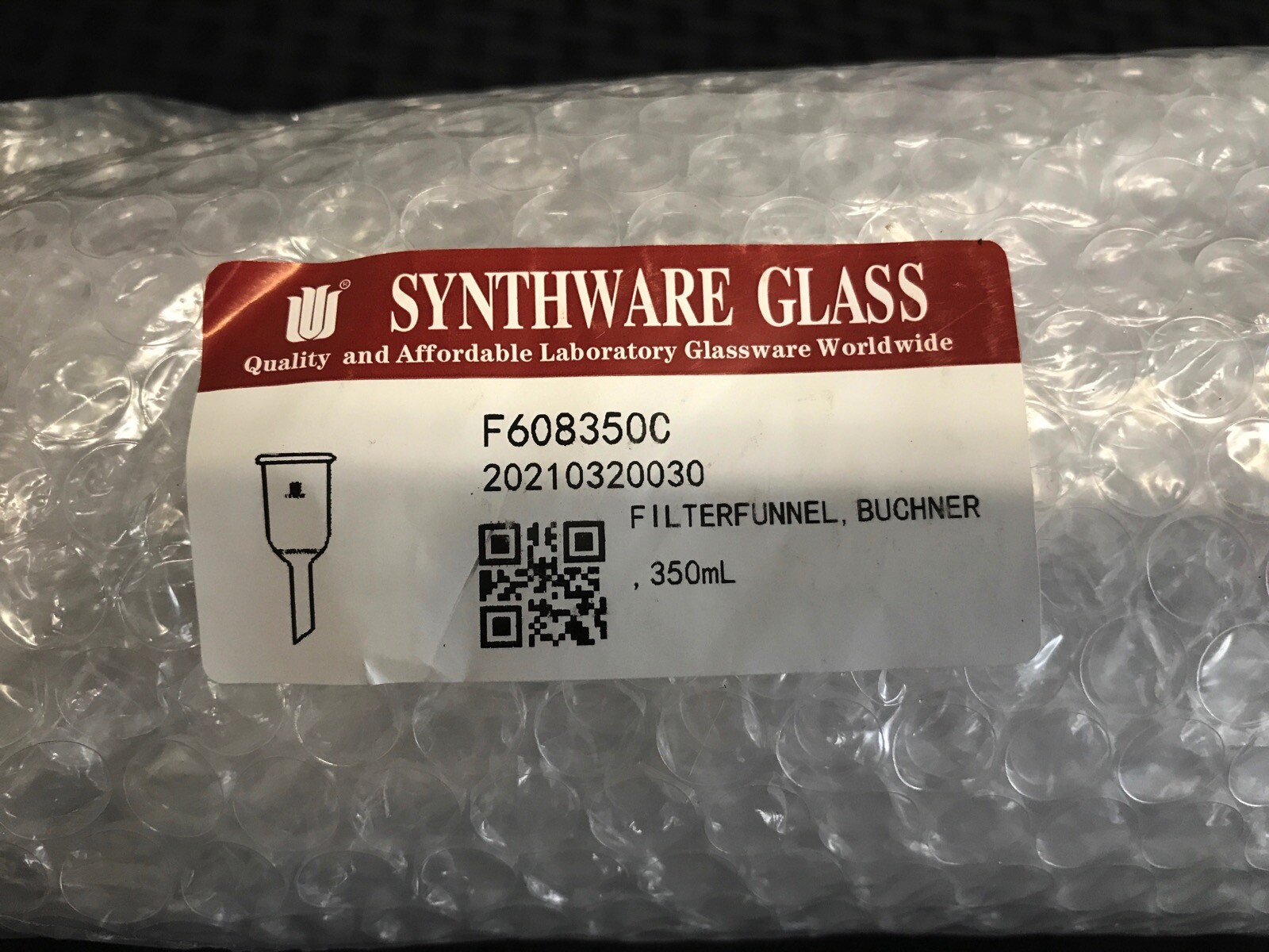 New SYNTHWARE Glass 350mL Buchner Filter Funnel Coarse Frit F608350C