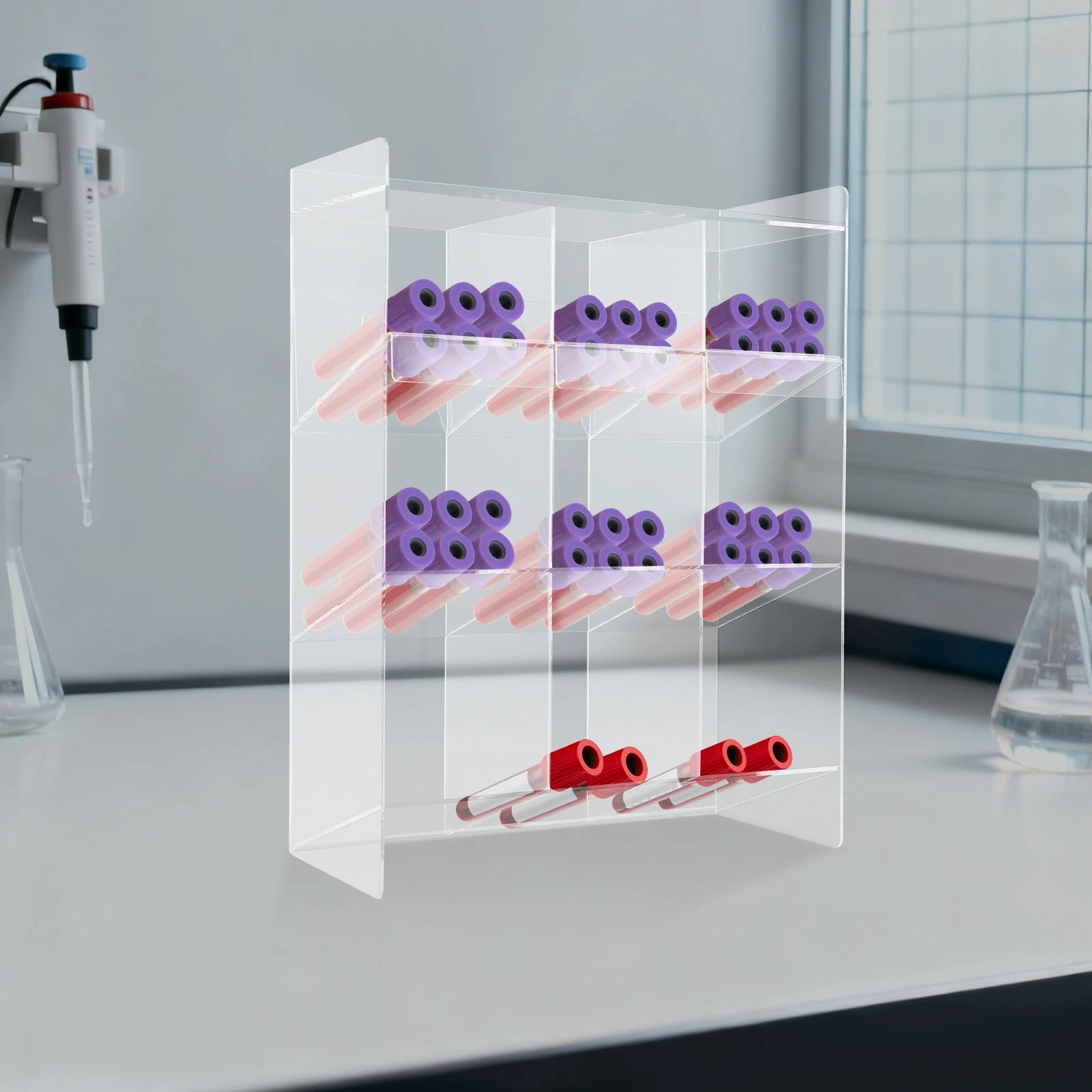Clear Acrylic Tube Rack with 9 Compartment and 3Pull Out Trays Large Tube Holder