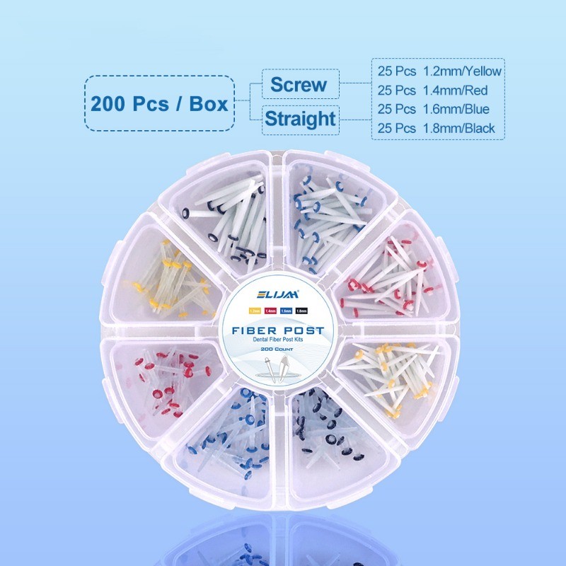 200pcs Dental Quartz Fiber Post Kit 8 Sizes Straight & Screw Threaded Posts Endo