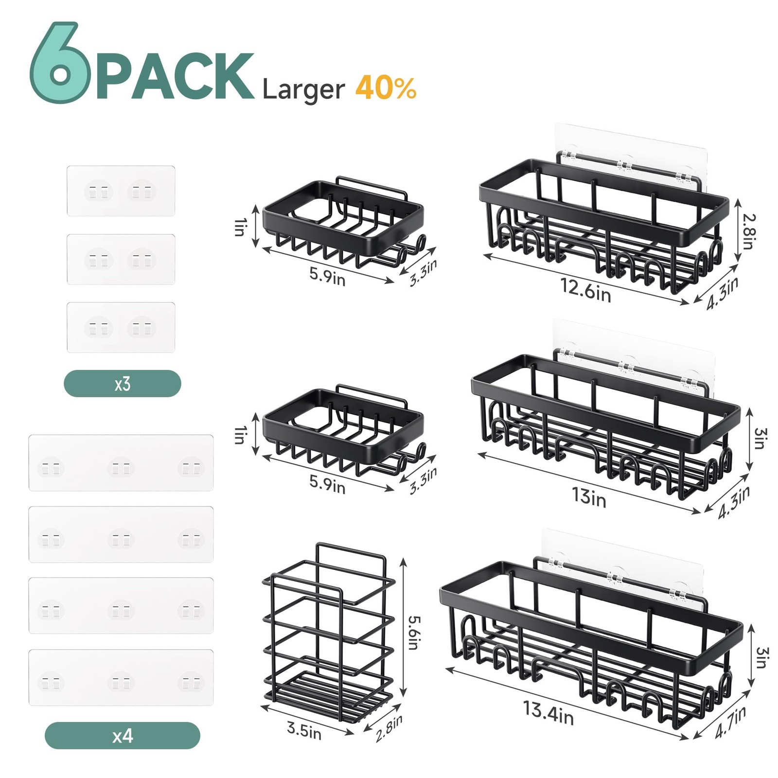 Veken Shower Caddy 6-Pack – Rustproof, No Drill Adhesive Shelves + Soap Holder