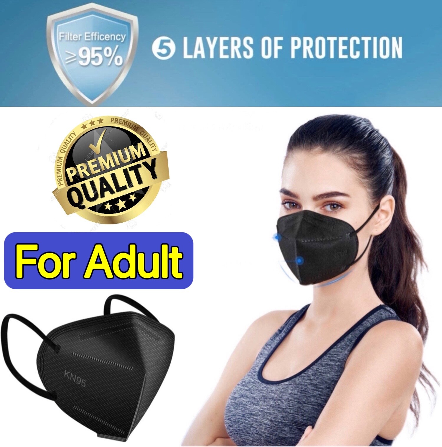 10/40 Pcs Black KN95 Protective 5 Layer Kids Face Mask BFE 95% Disposable Masks
