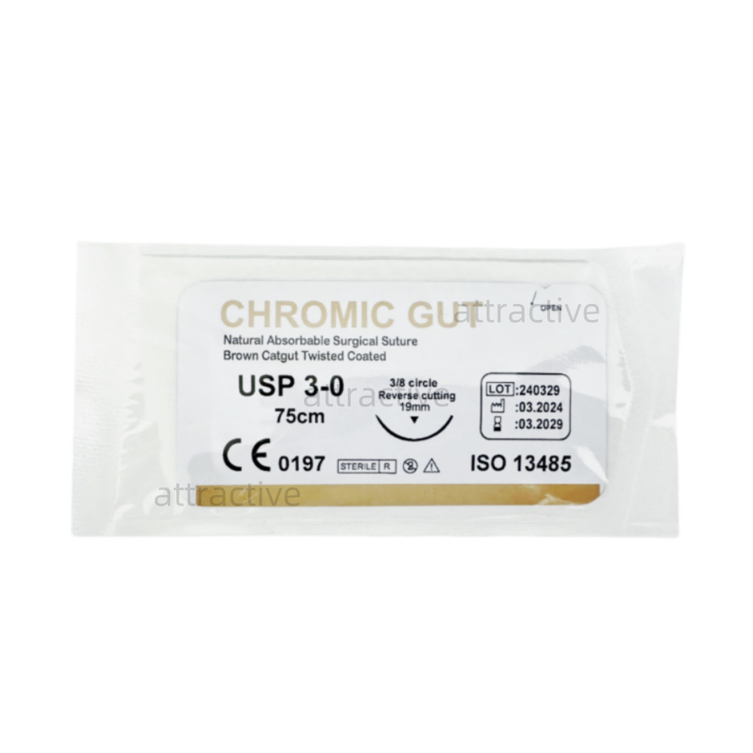 Absorbable Dental Surgical Suture CHROMIC GUT 3-0 Brown 75cm 3/8 Reverse Cutting