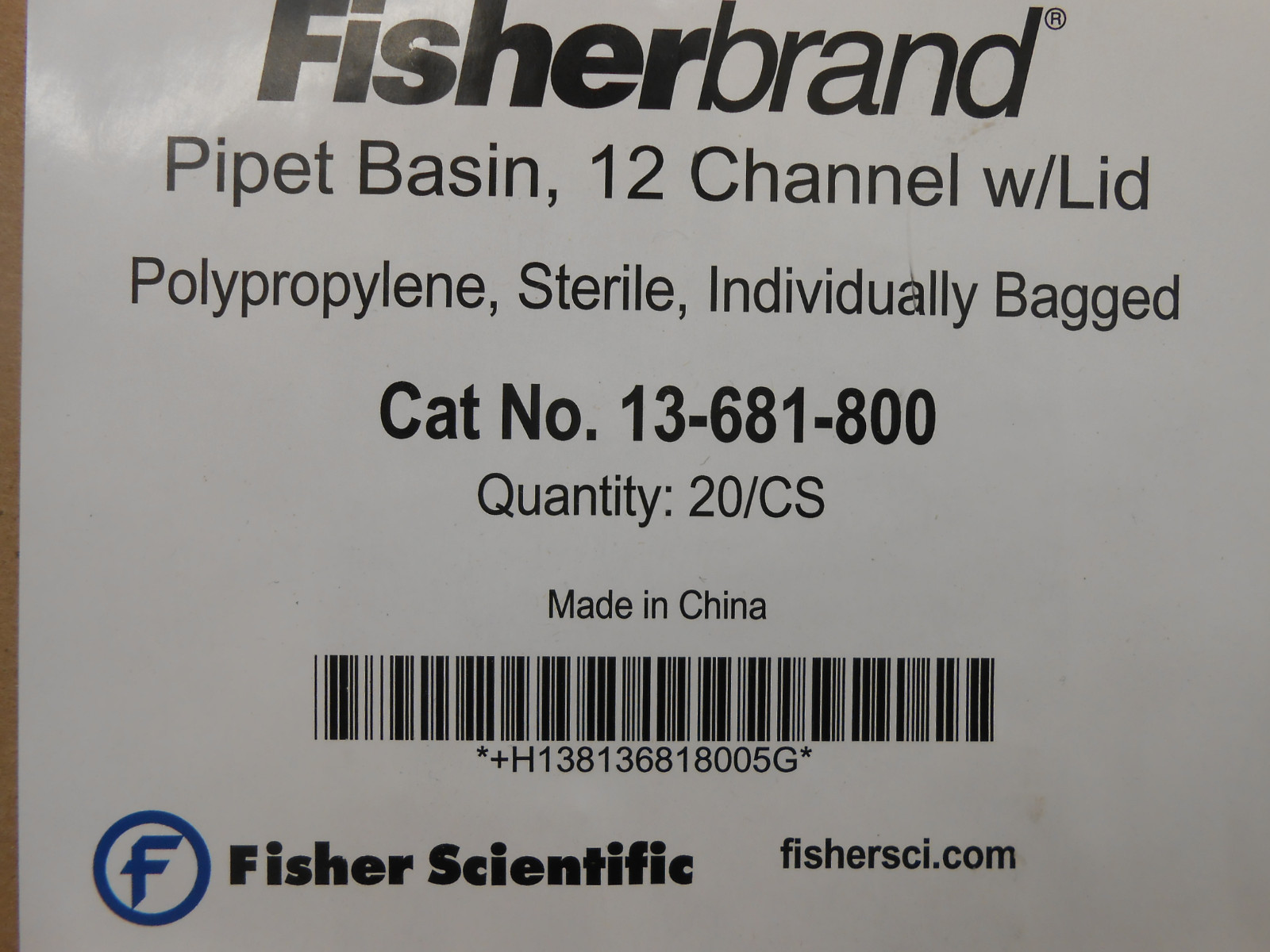 FISHERBRAND PIPET BASIN #13-681-800 POLYPROPYLENE STERILE QTY 20/CS