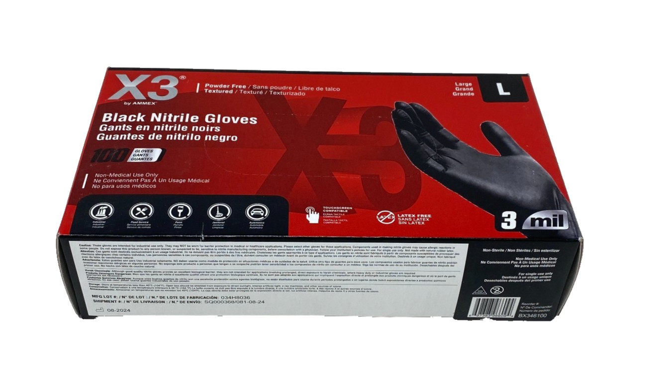 Ammex BX346100 X3 Large Nitrile Gloves Black – Box of 100