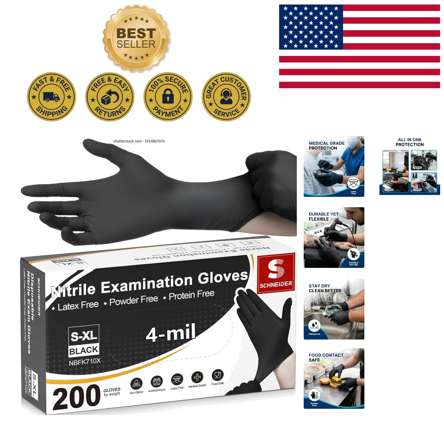 Hypoallergenic Black Nitrile Gloves – 4 Mil Disposable, Waterproof, Large Size