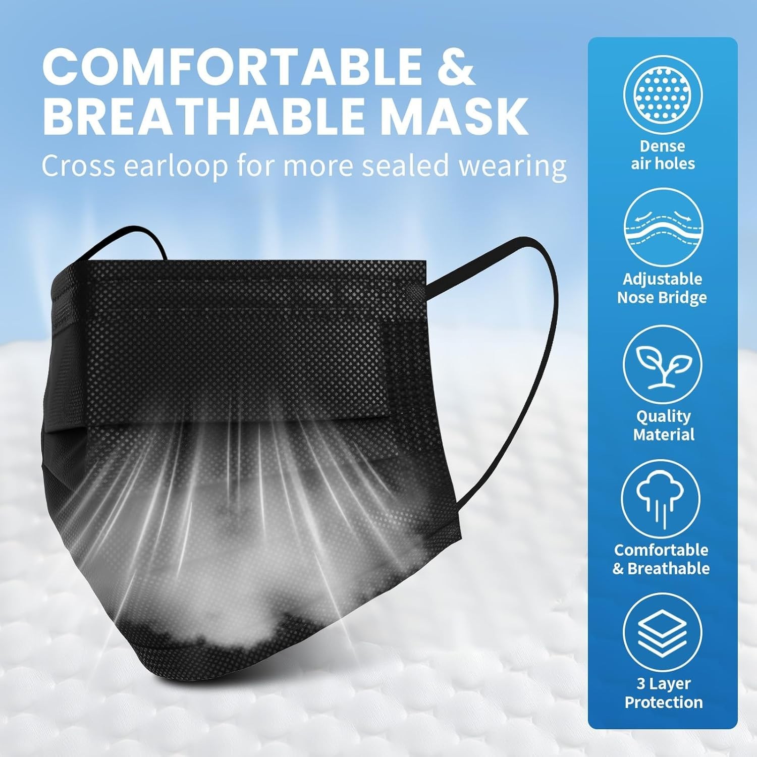 Breathable 3-Ply Black Disposable Masks – 100 Count for Everyday Protection