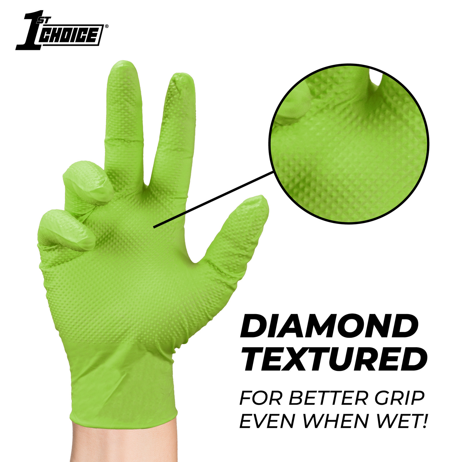 1st Choice Premium Green Nitrile Disposable Gloves 6 Mil Diamond Texture 100/Box