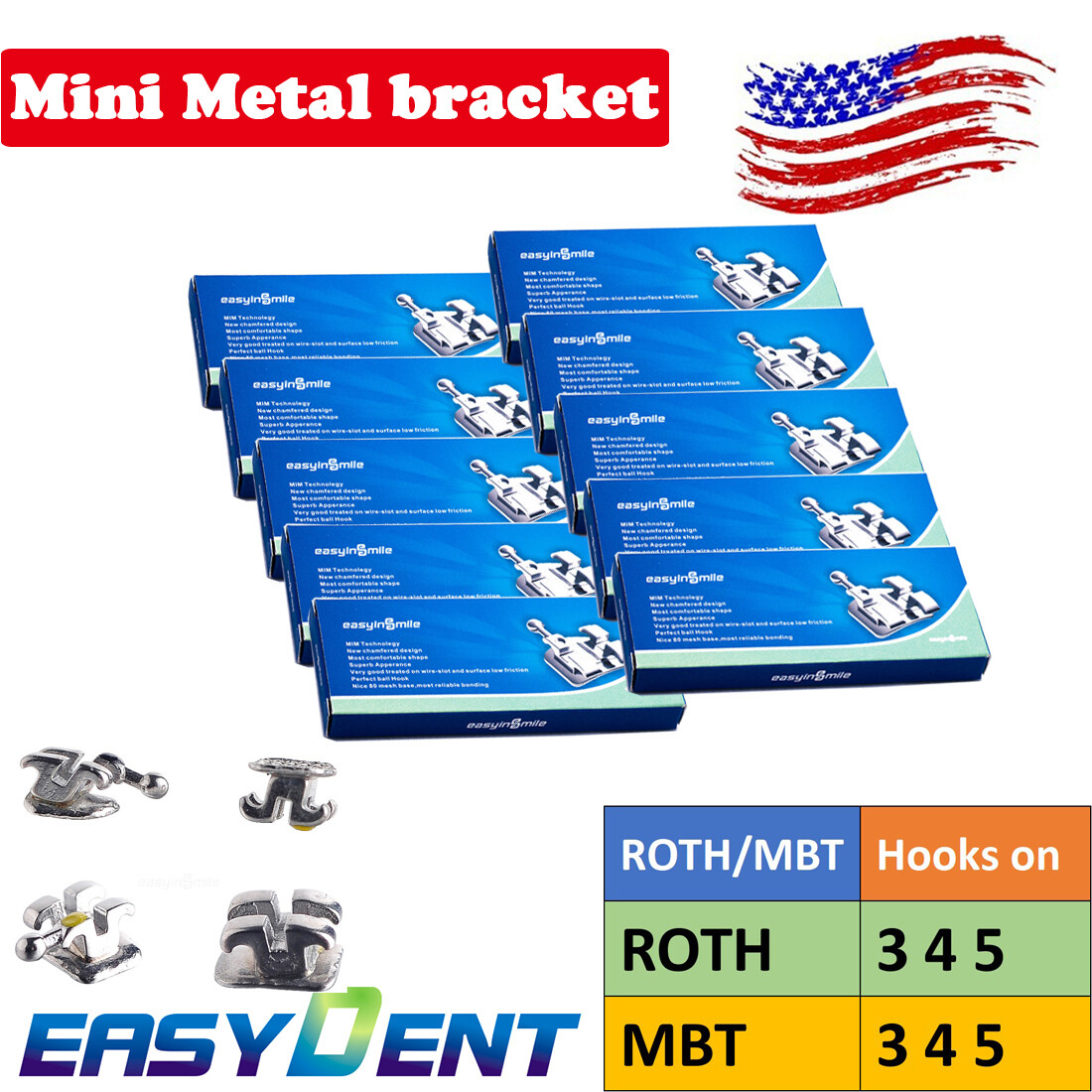 5pack Dental metal brackets roth/MBT orthodontic Mini braces slot.022 hook on345