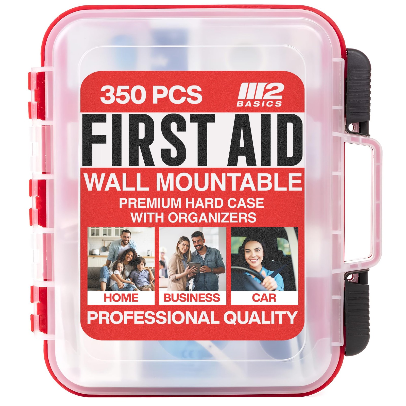 M2 BASICS 350 Piece Professional Wall-Mount First Aid Kit, 350 Set, Red