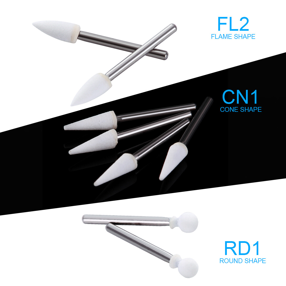 Dental White Stone High Speed Polishing Burs FG Cone/Flame/Round Aluminum Oxide