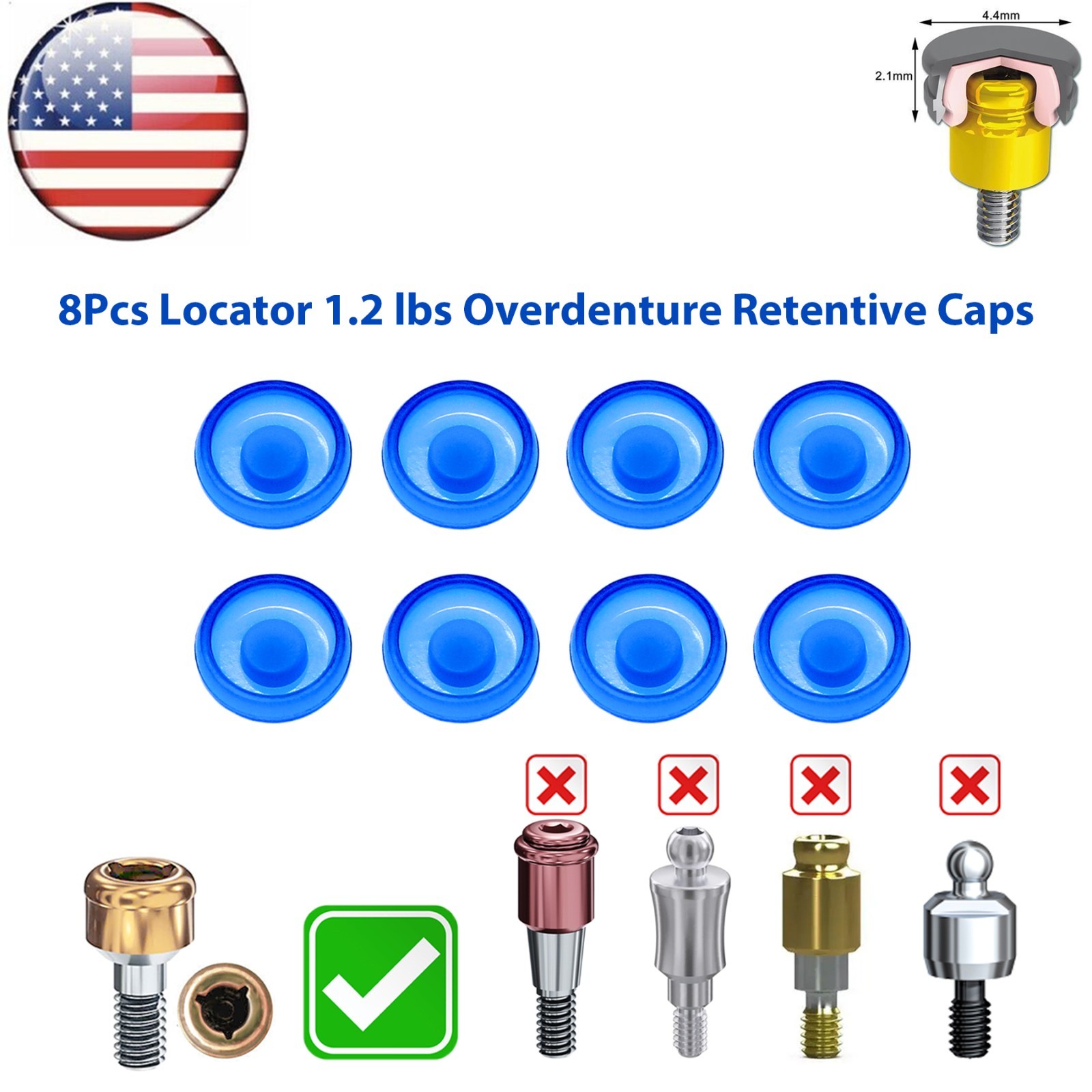 US 8Pcs Dental Overdenture Retention Caps For Implant Locator Abutment Inserts