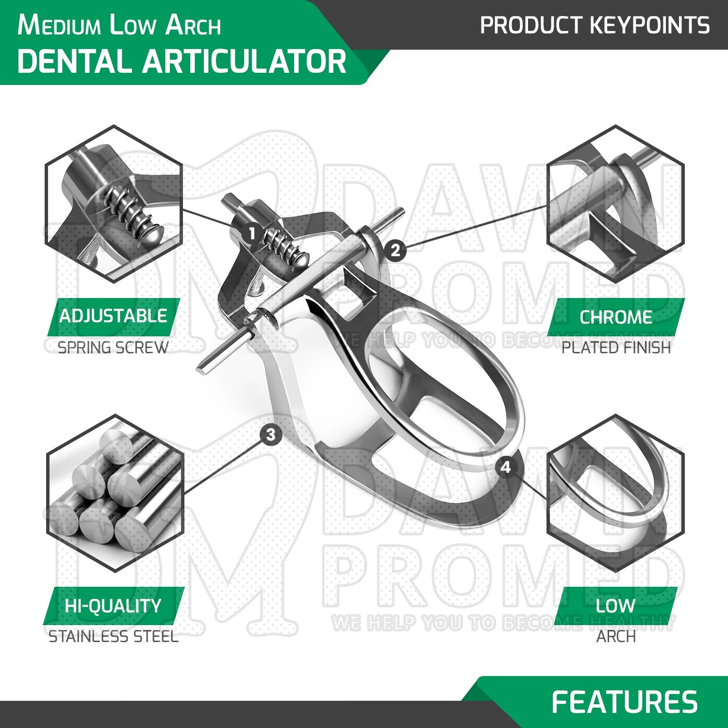 Dental Lab Articulator Chrome Plated Medium Low Arch Hinge Denture Instrument