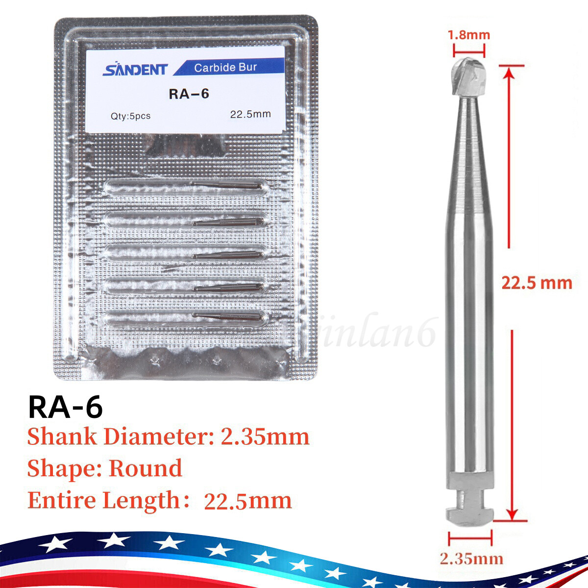 5 Pcs/Pack Dental 22.5mm Round Carbide Bur Slow Speed Latch Type RA4 Burs USA
