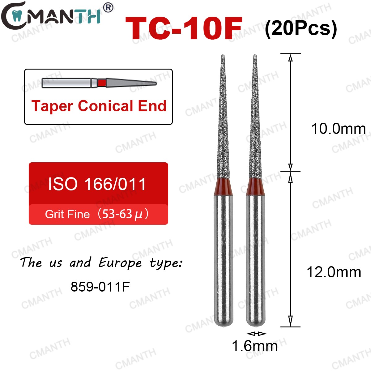 20Pcs Dental Diamond Burs Taper Conical Grit Fine 859-011F FG High Speed Bur