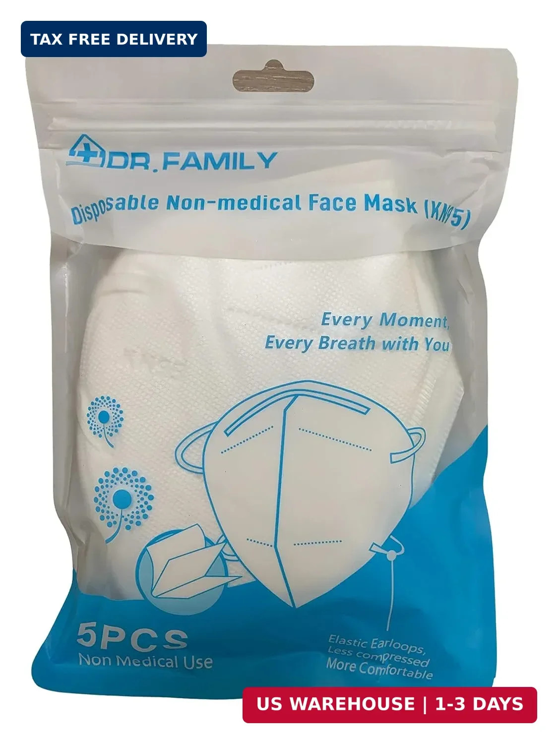 Dr. Family KN95 Face Masks, 5 Pack, Breathable, Light Weight, Comfortable 5-Laye