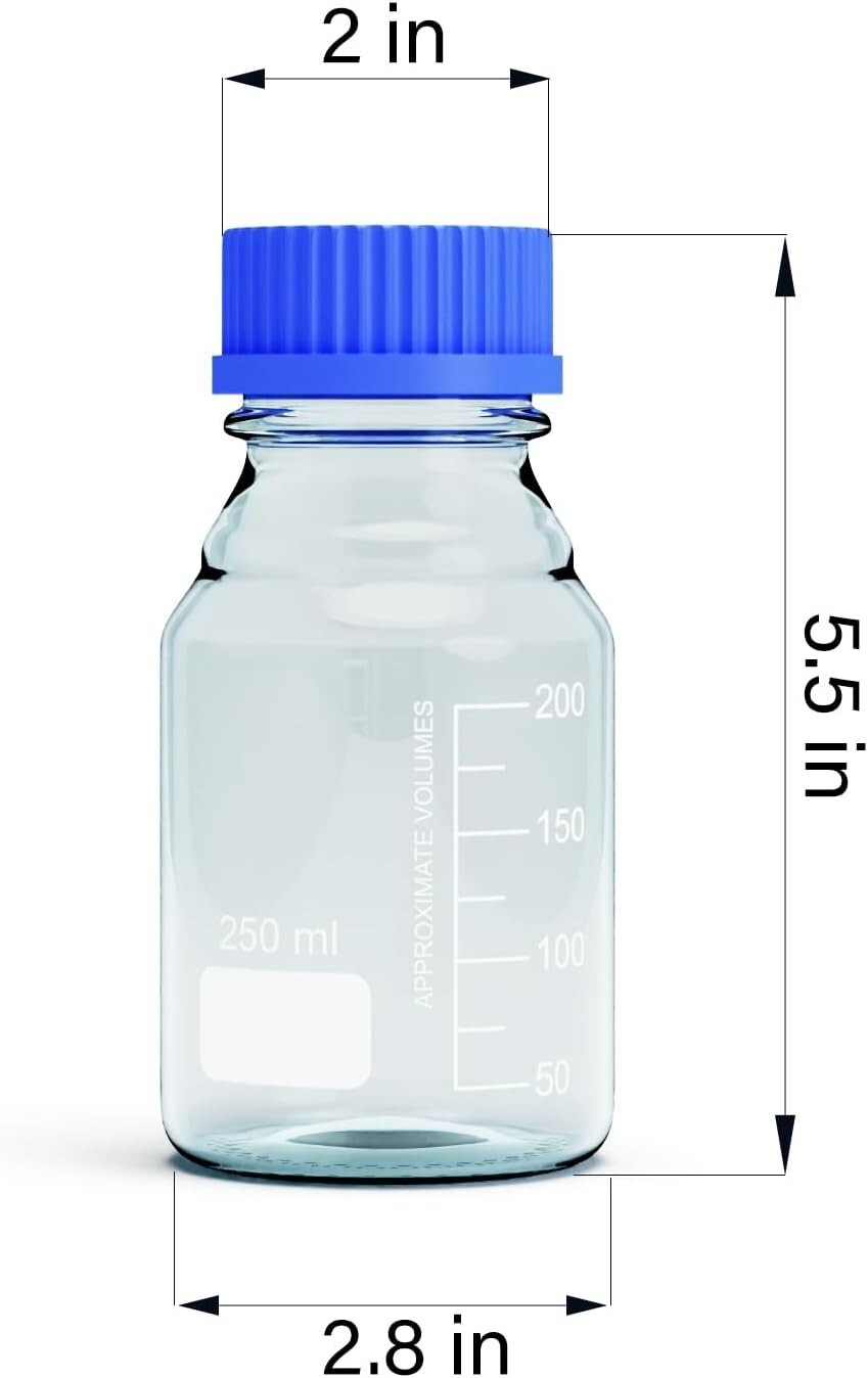 250ml Glass Round Media Storage Bottles with GL45 Screw Cap, Borosilicate Glass
