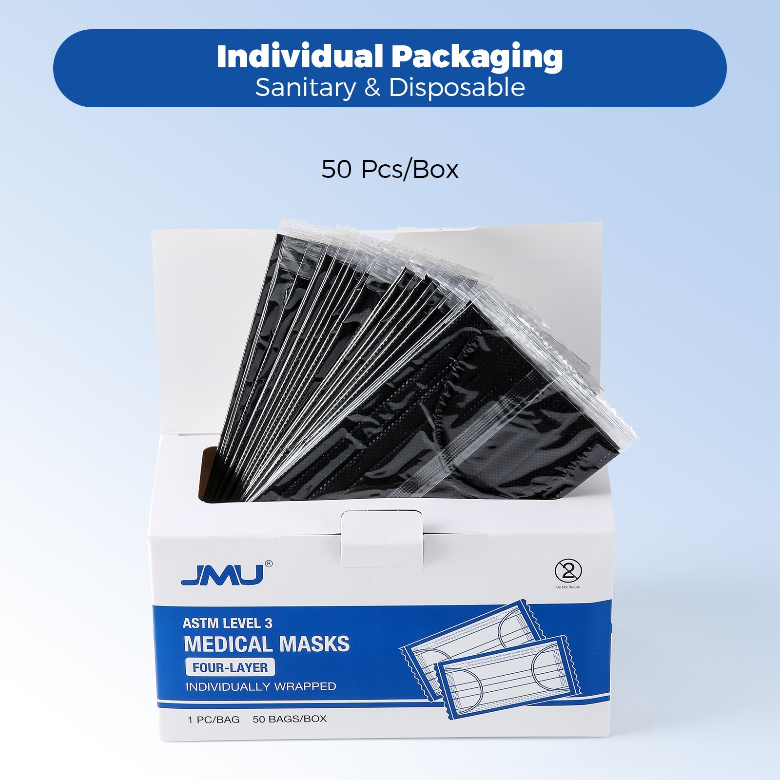 JMU Disposable Medical Face Masks, 4-Ply ASTM Level 3 Ear-Loop Face Masks 50pcs