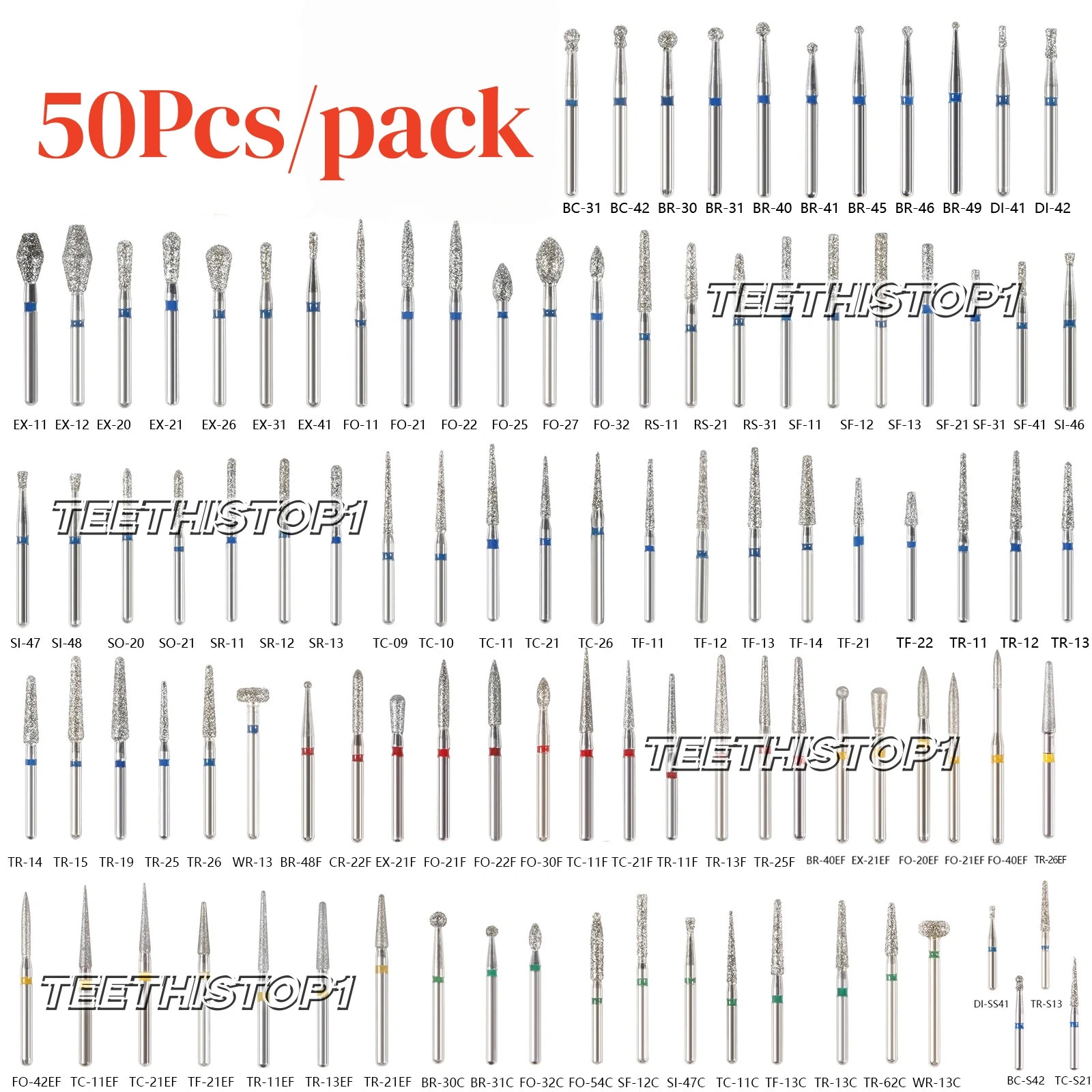 50 Pcs Dental Diamond Burs FG High Speed for Polishing Smoothing Teeth Polishers