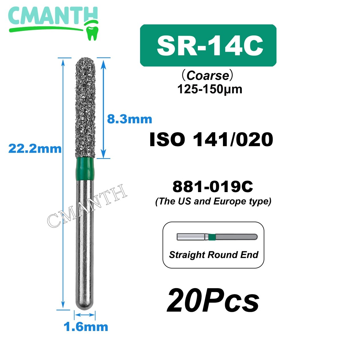 US Dental Burs FG High Speed Diamond Burs Dental Lab Polishing Tools 1.6mm 20pcs