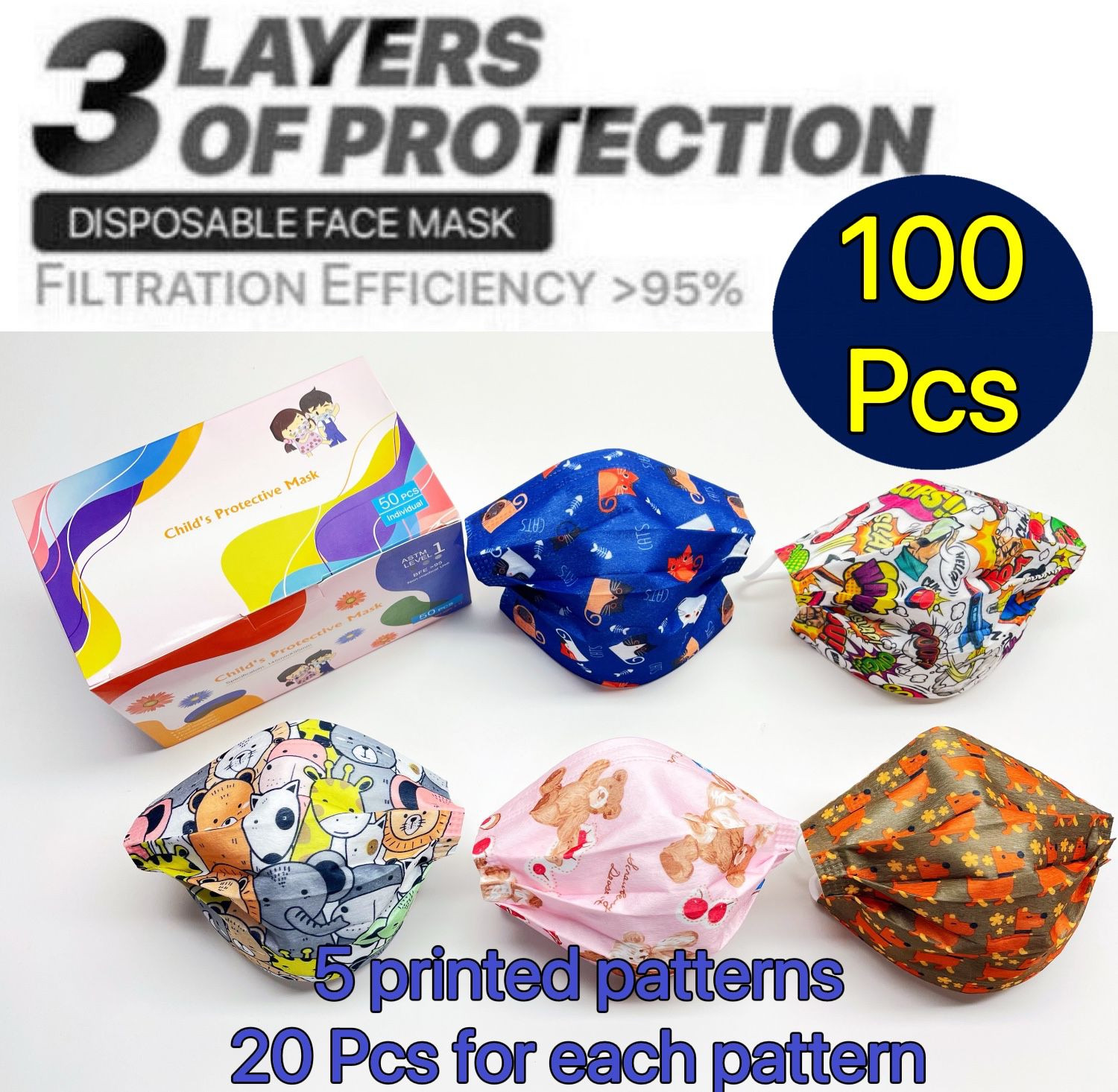 100 Pcs Patterns Kids Unisex Face Mask Mouth & Nose Protector Respirator Masks