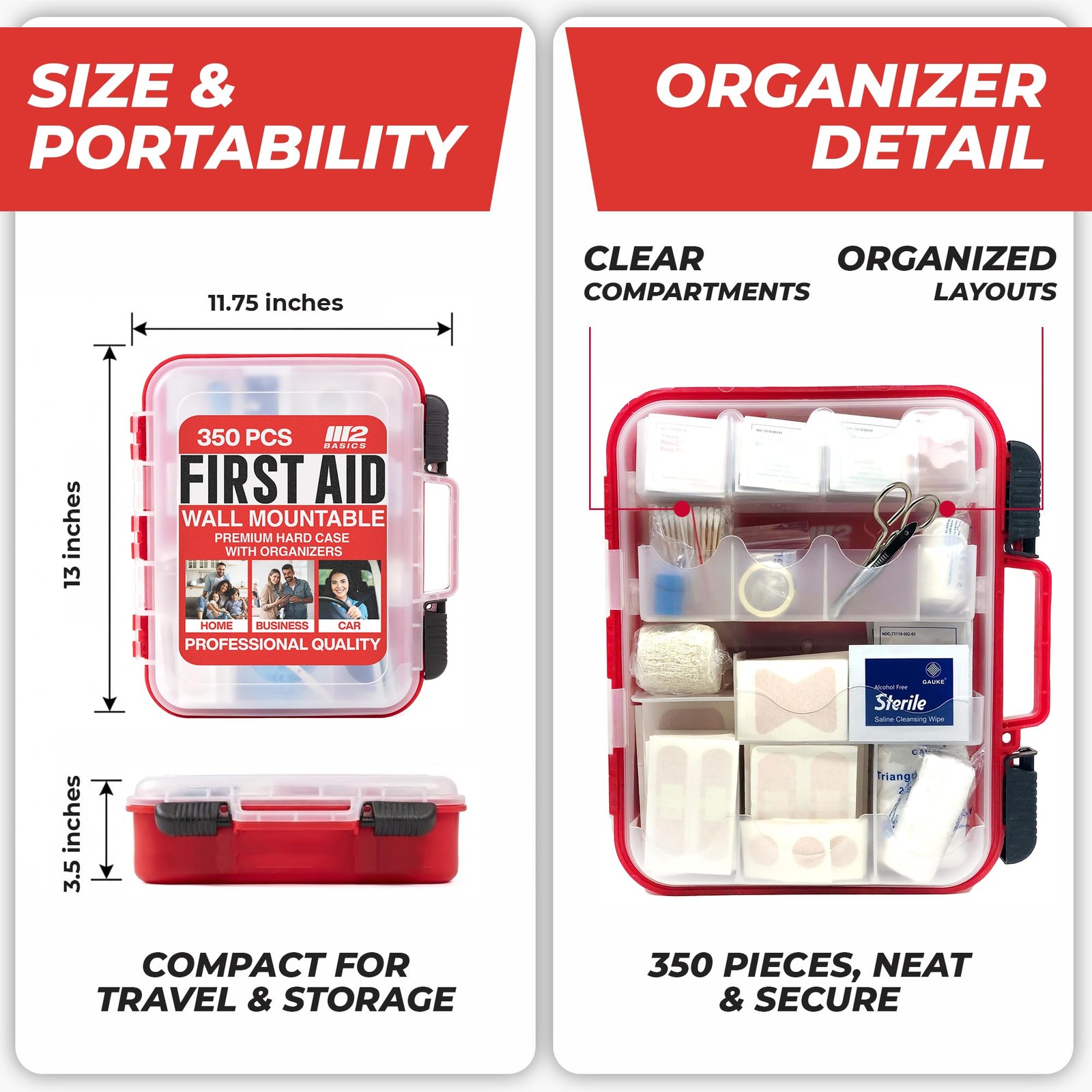 M2 BASICS 350 Piece Professional Wall-Mount First Aid Kit, 350 Set, Red