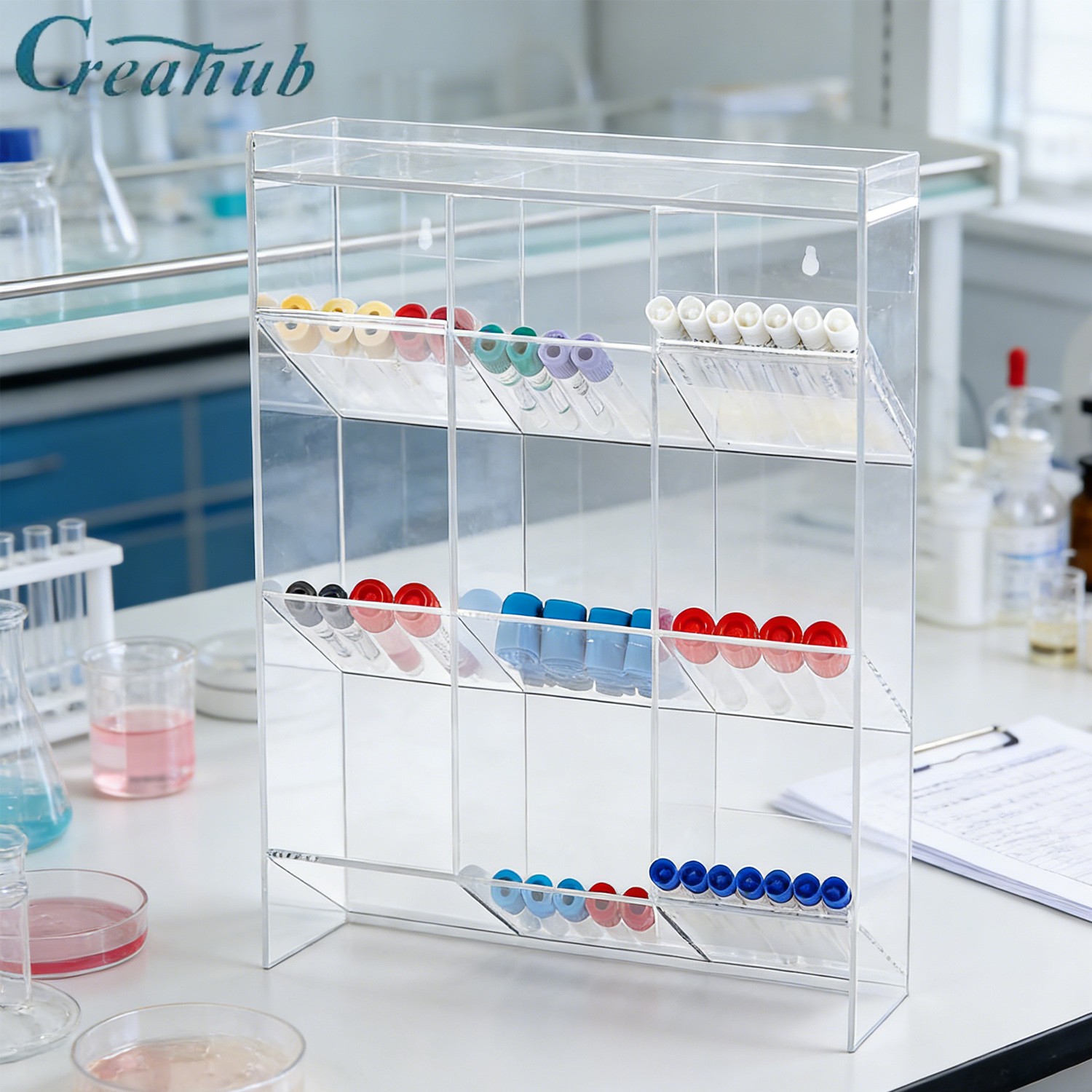 Clear Acrylic Tube Rack with 9 Compartment and 3Pull Out Trays Large Tube Holder