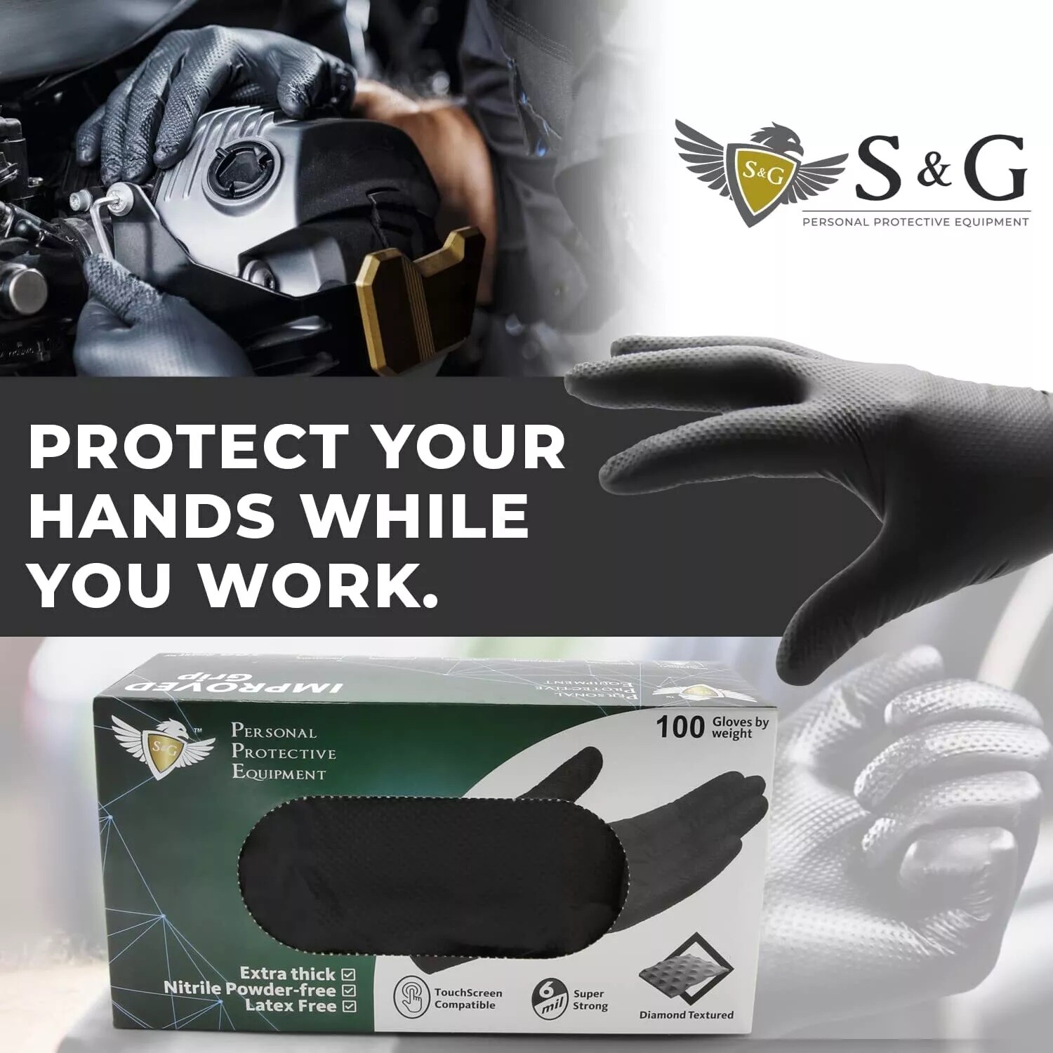 S&G Black Diamond Nitrile Gloves Powder Latex Free 6 Mil 100pcs M/L/XL