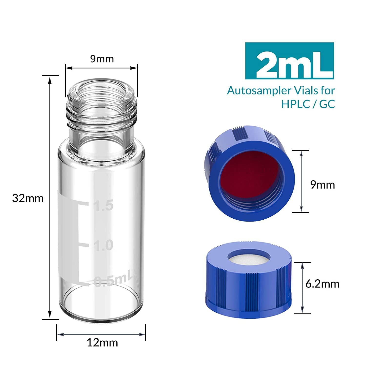1000pcs 9mm Screw Thread Autosampler Vial,PP Close Top Cap+PTFE Silicone Septa