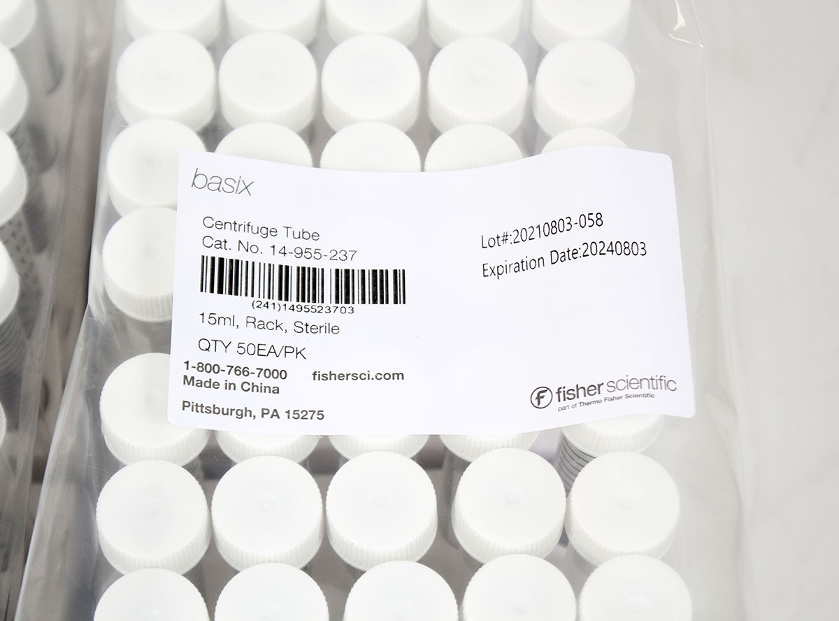 Fisher Scientific 14-955-237 15mL Sterile Conical Centrifuge Tubes, 100pcs