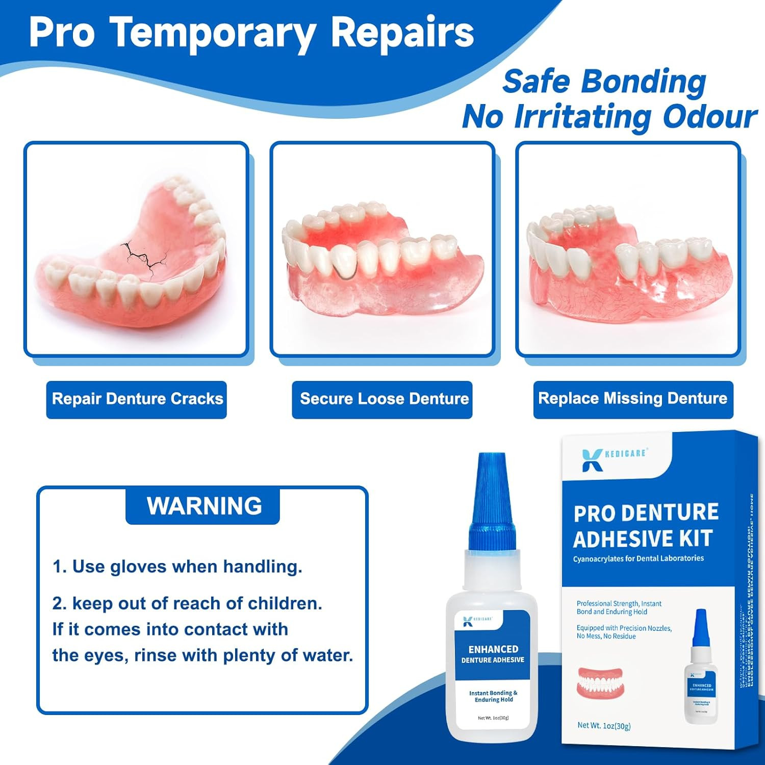 Dental Lab Denture Repair Adhesive Kit, 1oz Pro Instant Bonding Denture Glue for