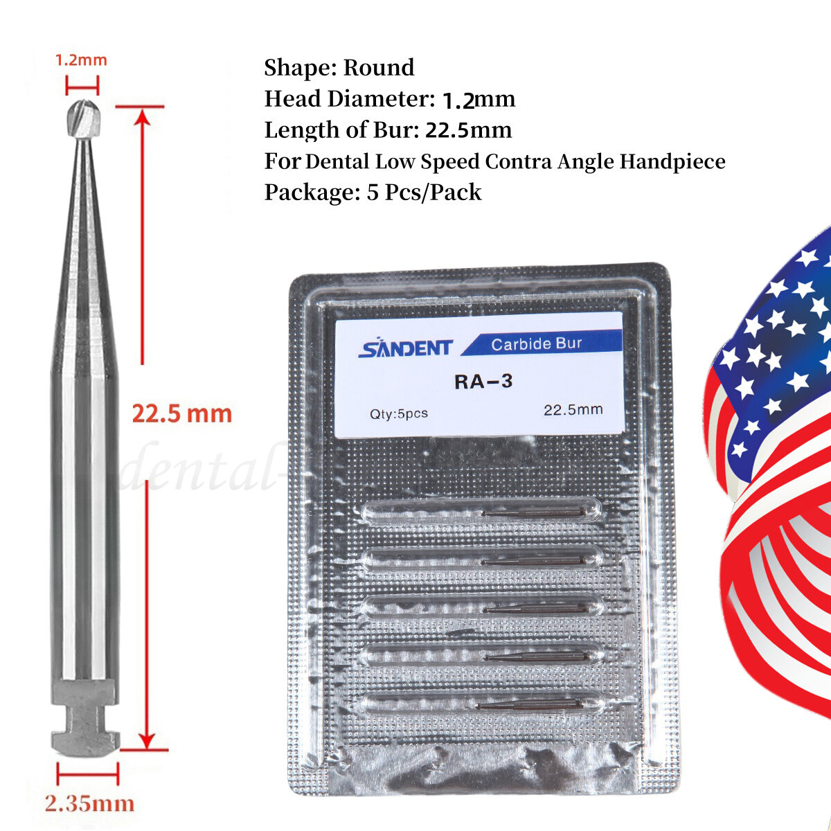 5 Pcs/Pack Dental 22.5mm Round Carbide Bur Slow Speed Latch Type RA3 Burs USA