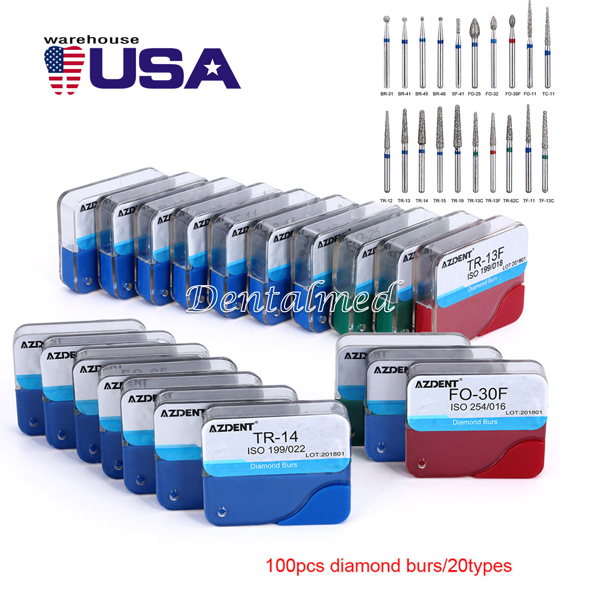 100Pcs Dental Diamond Burs for High Speed Handpiece Medium Friction Grip 20Types