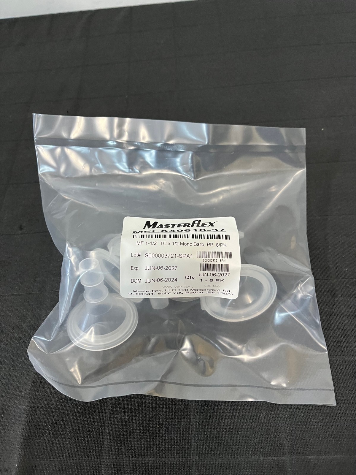 MasterFlex MFLX40618-37, MF 1-1/2″ TC x 1/2 Mono Barb, PP, 6/pk, Expires 06/2027