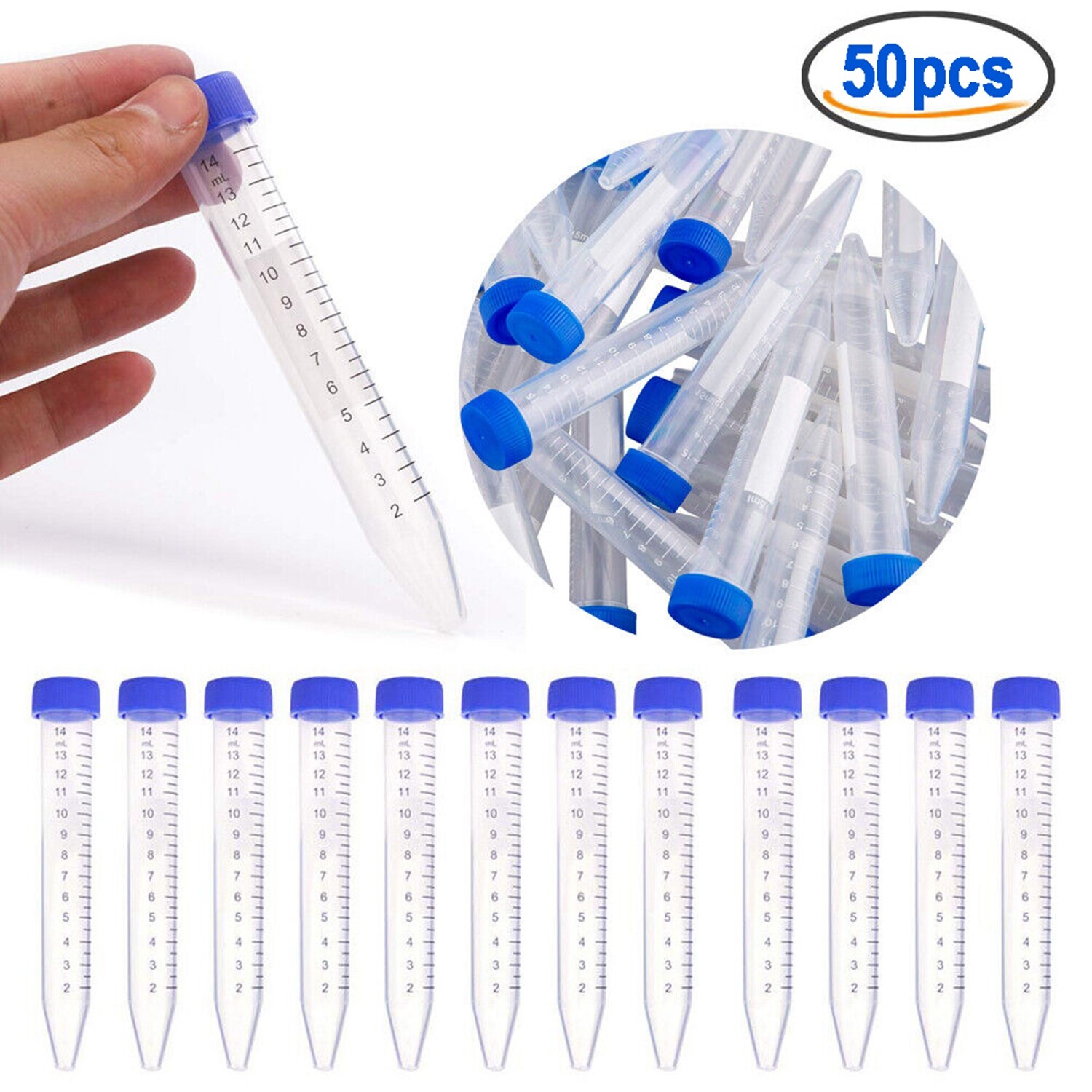 50X 15ml Plastic Centrifuge Test Tube Vial Container Self Standing Screw Cap New