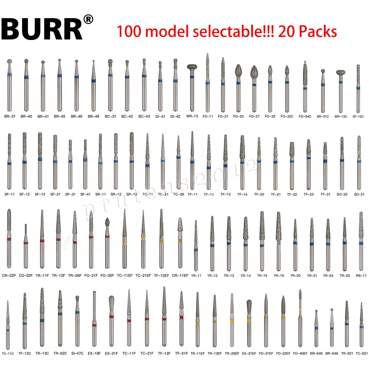 100 Types Dental FG Diamond Burs For High Speed Handpiece Friction Grip CE