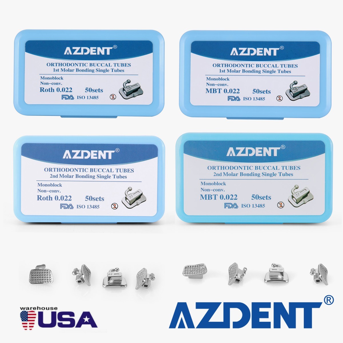 50Sets Dental Orthodontic Buccal Tube 1st 2nd Molar Tube Roth MBT 022/018 AZDENT